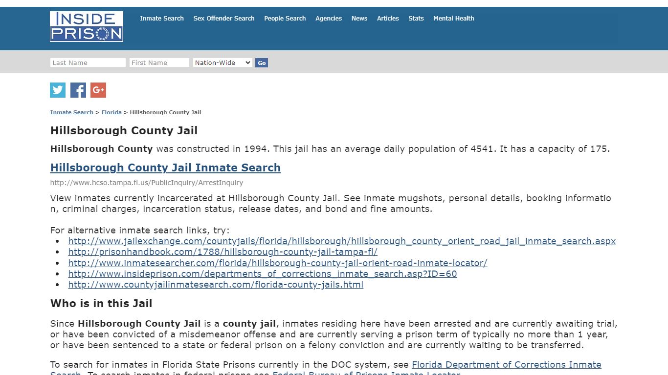 Hillsborough County Jail - Florida - Inmate Search - Inside Prison